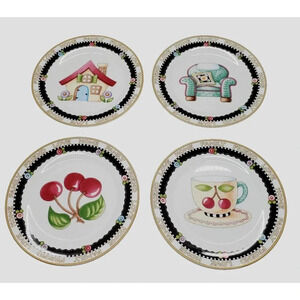 4 Vintage 2001 Mary Engelbreit At Home Bordered Plates House Chair Cherry Cup